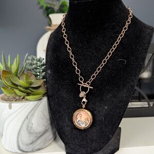 Origami Owl Rose Gold Round Locket Necklace with Charms